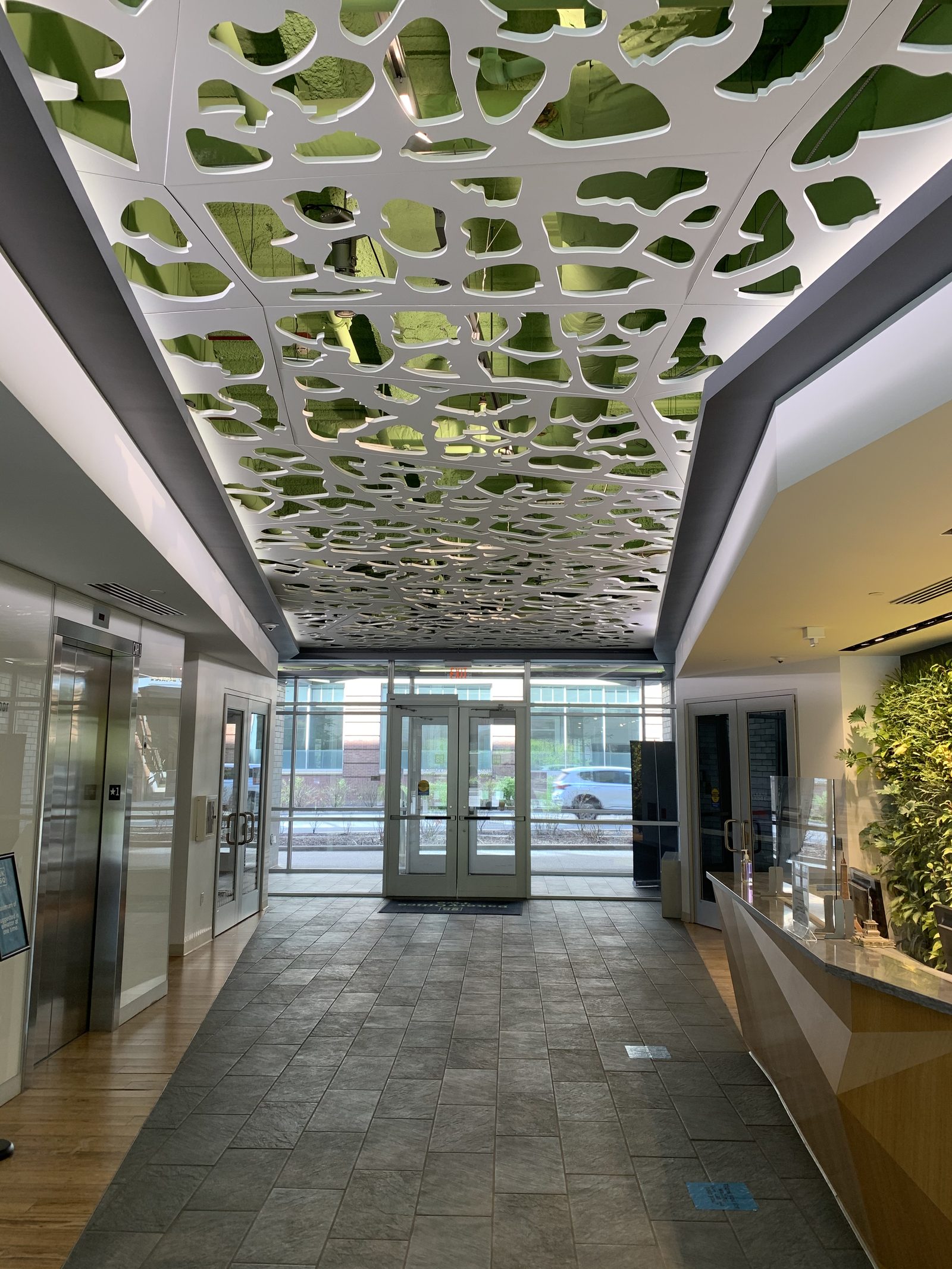 The lobby at 6425 Living Place — open ceiling treatment with organic cutouts above the entrance